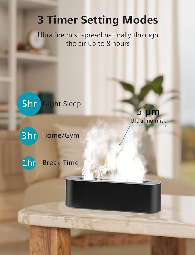 Flame Air Diffuser, Humidifier, Essential Oil Diffuser - 7 Colors, 180mL Capacity (8 Hours), Noiseless Operation, Auto-Off Protection - Perfect for Home Bedroom Office Gifts(Black)