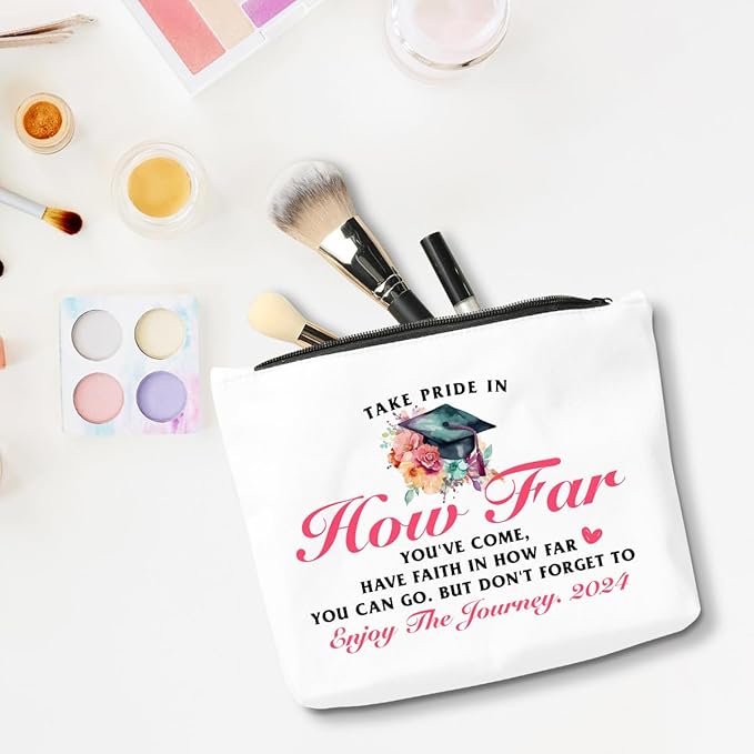 Graduation Gifts for Women, Class of 2024 Gifts, 2024 Graduation Congratulations Gifts Cosmetic Bag, Take Pride in How Far You've Come Makeup Bag, Cheer Up Birthday Gifts for Friend Sister