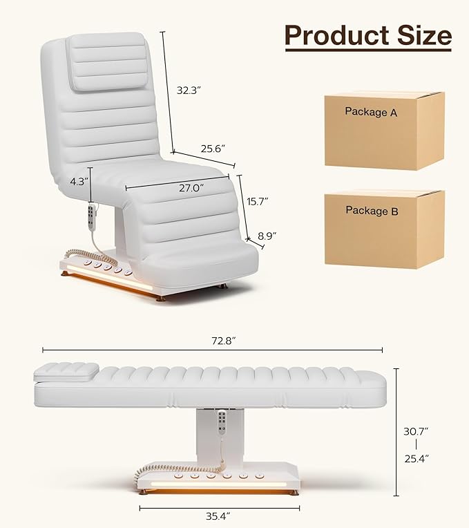 Paddie Luxury Fully Electric Spa Bed, Esthetician Spa Lash Table with LED Lights, Motorized Height & Angle Adjustable for Facial & Medical Treatment, White