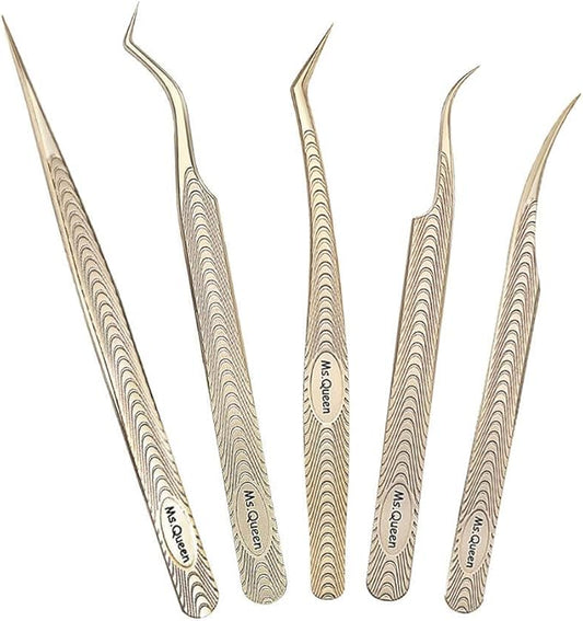 Ms.Queen Lash Tweezers for Eyelash Extension-Professional Lashing Tweezers for Mega Volume Mink Eyelashes Extensions Applying,5PCS Set