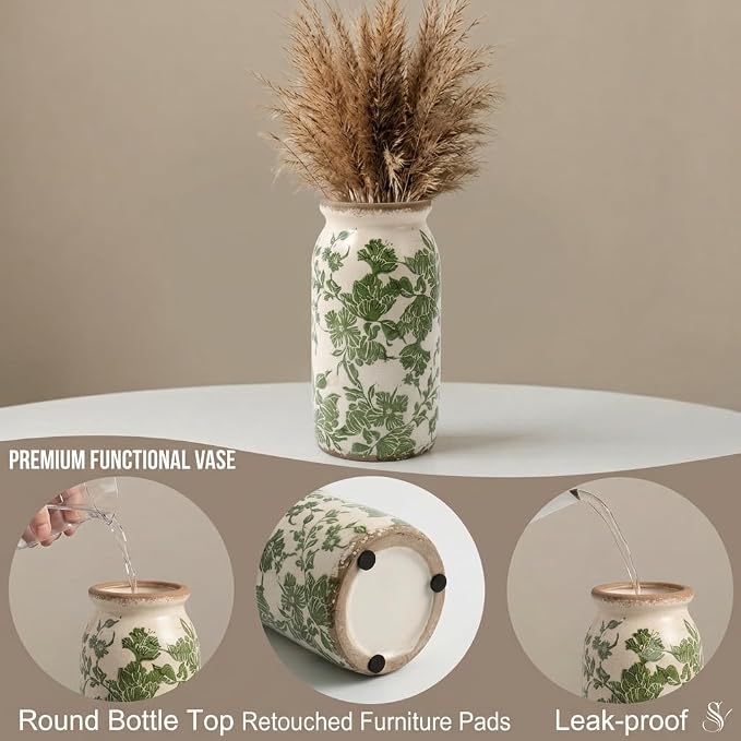 Vintage Green Tuscan Ceramic Vase, Rustic Flower Vases for Home Decor, 8in | Farmhouse Planter with Crackle Glaze, Floral Holder for Home Decor, Fresh Flowers, Rustic Tuscan Style, Living Room