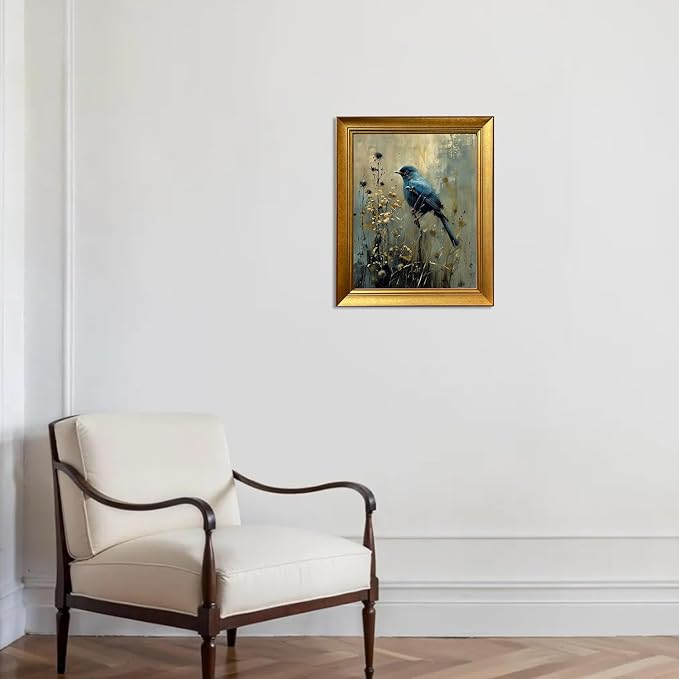 Vintage Blue Bird Wall Art Gold Framed Wall Decor Dark Cottage Core Farmhouse Canvas Print Academia Gothic Aesthetic Moody Botanical Woodland Oil Painting Artworks for Bedroom Living Room Decor