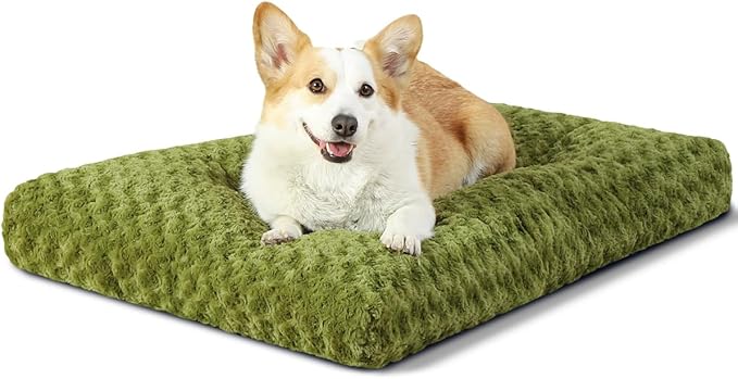 KSIIA Washable Dog Bed Medium Size Dog Crate Bed Pet Mat 29"x21" Green | Deluxe Plush Comfy Kennel Pad, Anti-Slip Bottom,Deep Sleeping Mat for Medium Dogs,Machine Washable for Easy Cleaning