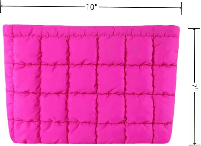 Soft Checkered Quilted Puffy Makeup Bag for Women, Aesthetic Puffer Cosmetic Bag Pouch for Purse (Hot Pink)