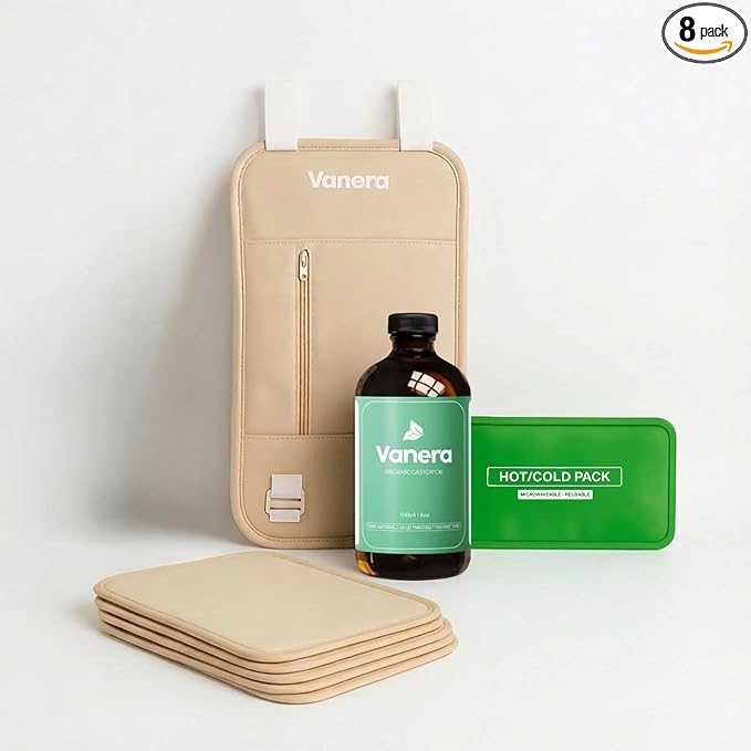 Castor Oil Pack Kit – 16 fl oz Cold Pressed Castor Oil with Wrap, 5 Reusable Cotton Flannels, Leak-Resistant Compress Set with Heat Pack, 8 Pieces