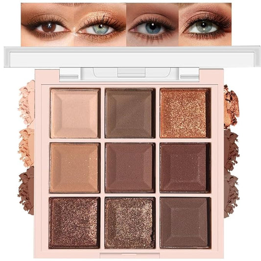 9 Colors Smoky Matte Shimmer Eyeshadow Palette for Women, Nude Rose Gold Light Medium Gray Wine Brown Purple, High Pigmented Primers Powder Palet de sombras de ojos (9 Colors-Nude Brown Gold)