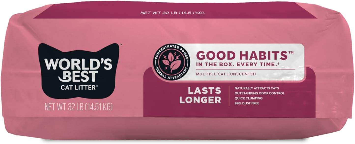 World's Best Cat Litter, Good Habits Cat Attract Litter, Unscented, 32 lb | Attracts cats and kittens with plant-based attractant; natural corn litter, quick clumping, flushable, 99% dust free formula