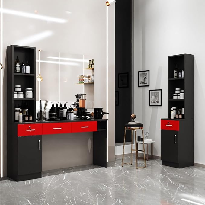 Paddie Barber Salon Station Wall Mount Hair Styling Salon Equipment Set Beauty Spa Furniture Set, Lockable Left Shelf, Mirror not Included (Red & Black)