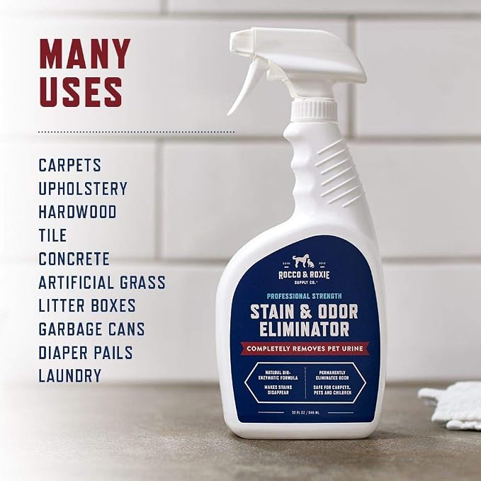 Rocco & Roxie Enzyme Stain & Odor Eliminator, 1 Gallon | Bio-enzymatic urine destroyer; CRI Certified Safe; made in USA; for carpets, bedding, litter boxes, crates & cars