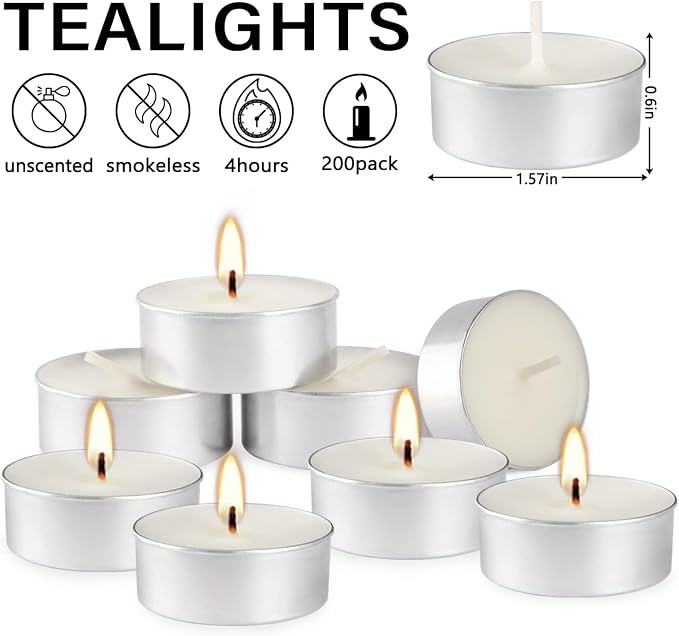 Unscented Tealight Candles, 200 Pack Bulk Tea Lights, 4 Hours Long Burning, Smokeless White Votive Candles for Home Décor, Wedding, Party, Spa, Emergency, Holiday & Everyday Use | Mini Candles Bulk