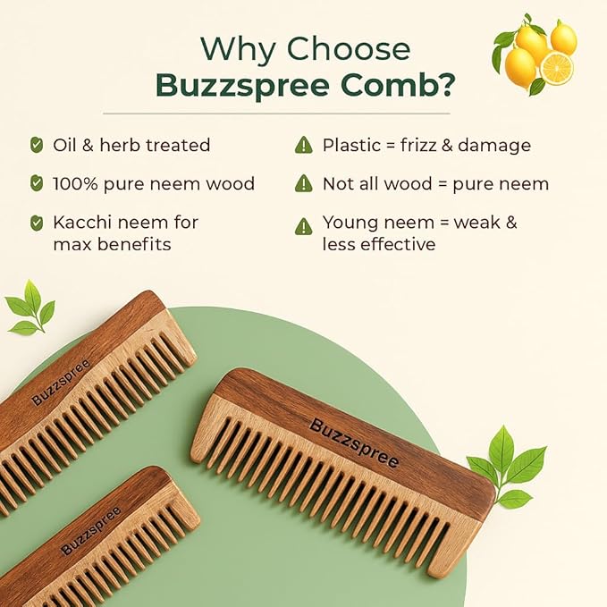 Natural Neem Wood Comb Set of 2 (Plain & Shampoo Lily) | Wide & Fine Tooth Wooden Hair Pick Comb Set for Men & Women | Eco-Friendly, Plastic-Free Wooden Combs for Daily Grooming | Curly & Texted