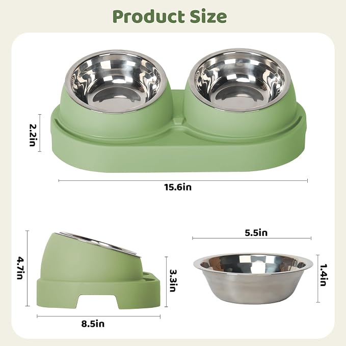 Cat Feeder and Water Dispenser, Cat Feeder with Stainless Steel Bowls, Pet Food Dispenser for Cats and Small Dogs, Easy to Clean(Green)