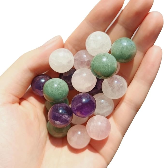 20Pcs 16mm Gemstone Spheres Natural Crystal Balls Polished Assorted Small Marbles -Rose Quartz*5,Clear Quart*5, Amethyst*5,Green Aventurine*5