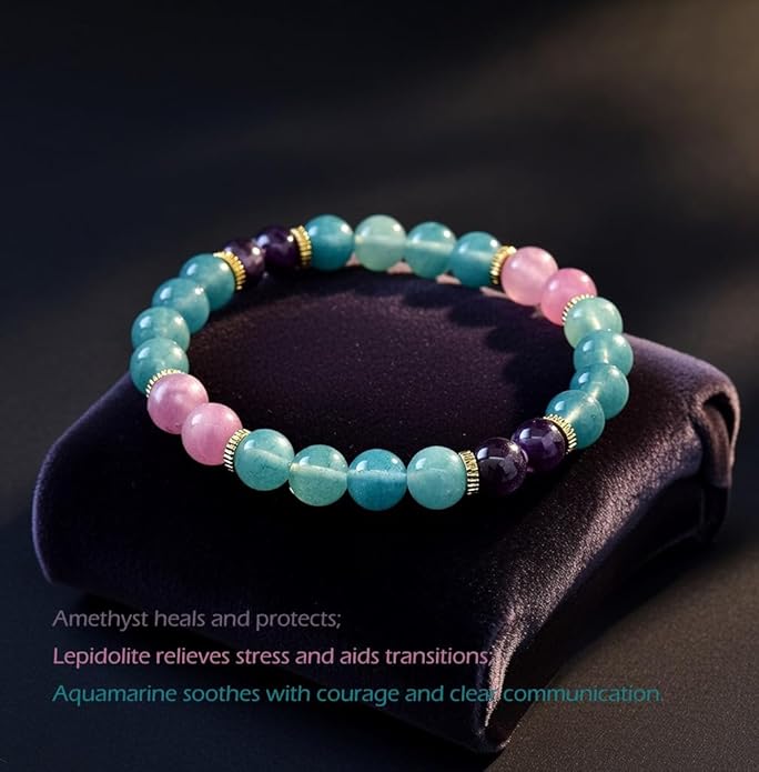 Healing & Serenity Gemstone Bracelet Real Natural Crystal Stretch Bracelet 8mm Amethyst, Lepidolite & Aquamarine Beads for Calm Stress Relief & Emotional Peace