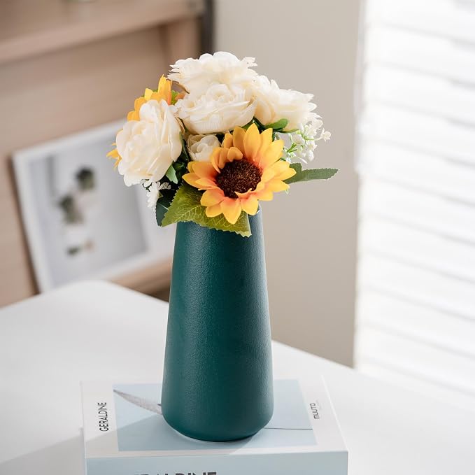 Simple Boho Ceramic Flower Vase for Home Decor (Green,Big) | 8'' Modern Farmhouse Vase for Flower Plant Pampas Grass, Fit for Table Shelf Centerpieces, Living Room Bedroom Wedding Gift