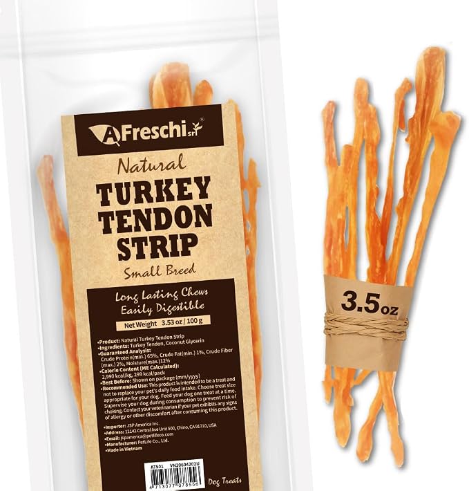 A Freschi srl Turkey Tendons for Dogs, USA-Sourced Human Grade, Rawhide-Free Long-Lasting Puppy Chews, All Natural Hypoallergenic Dog Treats for Small Breeds, 3.53 oz Pack Strips