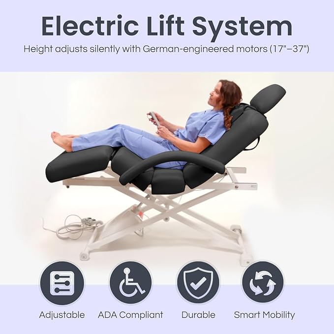 Electric Massage, Spa, and Treatment Table with Salon Top - Adjustable Height, Backrest, and Knee Section, Foot Control, ADA Compliant Treatment Table for Professionals