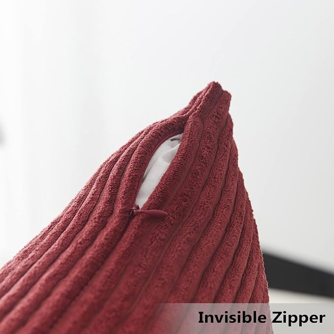 Home Brilliant Solid Corduroy Pillow Cover Red Decorative Vintage Striped Pillow Case 20x20 Plush Throw Pillows for Couch Sofa Hanging Chair, 20 x 20 inch (50cm), Burgundy