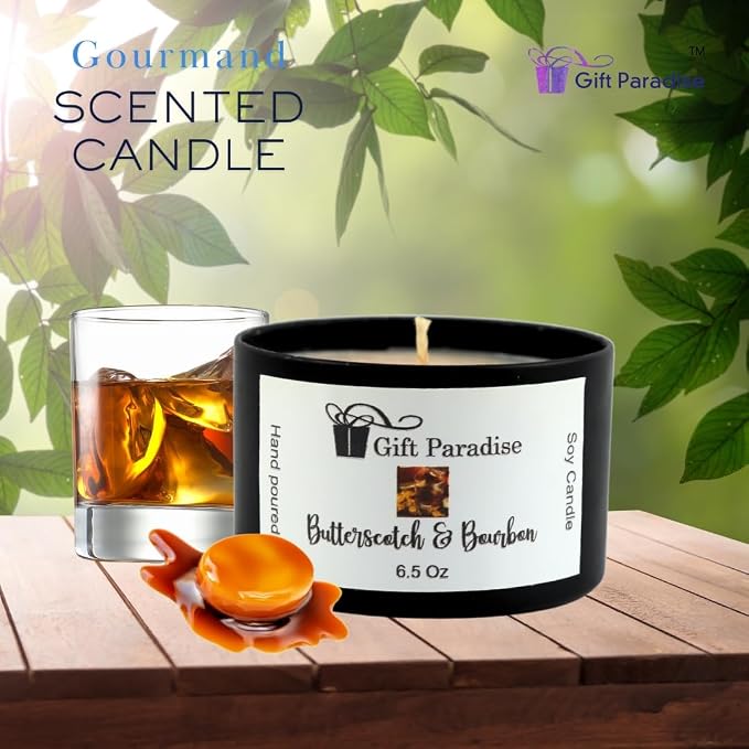Butterscotch & Bourbon Soy Wax Candle, Black Metal Tin, 6.5 oz, Cotton Wick