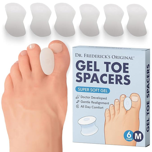 Dr. Frederick's Original Gel Toe Separators - 6 ct - Soft Bunion Spacers for Overlapping Toes, Gentle Alignment & Foot Pain Relief - Toe Cushion Spacers for Women & Men - Washable & Reusable - Medium