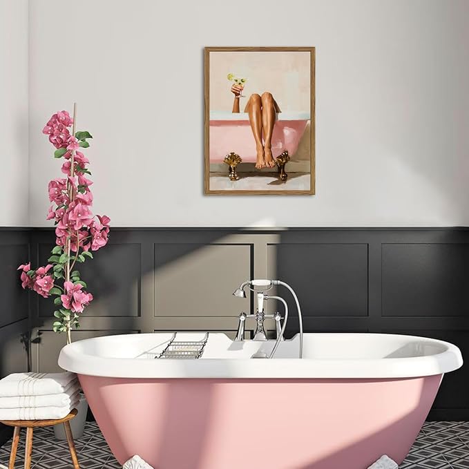 Funny Girl Bathroom Wall Art Pink Cute Girly Bathtub Wall Decor Picture, Trendy Girl Bathroom Martini Cocktail Poster Canvas Print Painting Minimalist Cute Woman Artwork 12x16 inch Wood Framed