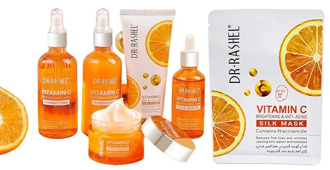 Dr Rashel Vitamin C Skin Care Series , Contains Hyaluronic Acid, Anti Aging and Collagen Essence ( Pack Of 5 Piece Set ) + 1 Pcs of Vitamin C Silk Mask