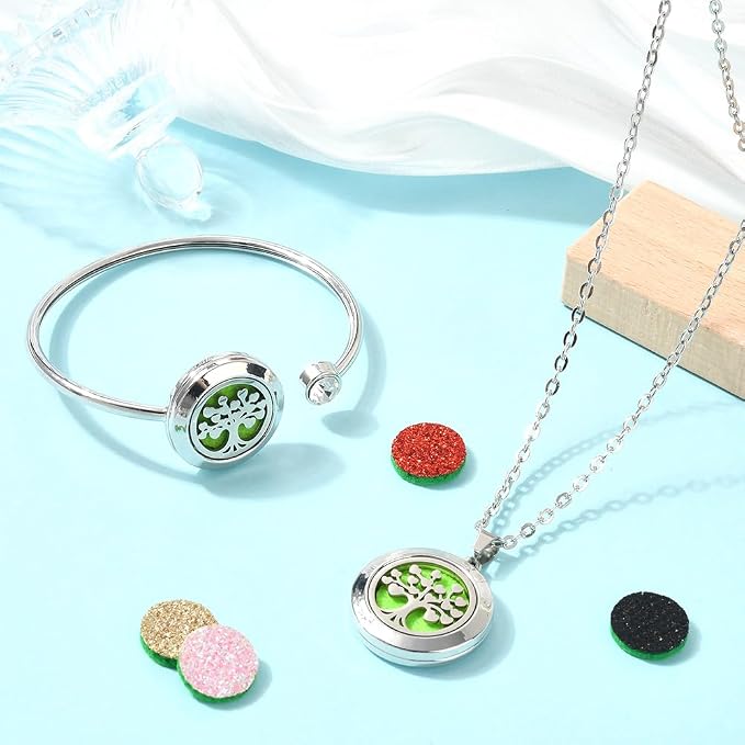 SUNNYCLUE 1Pc Essential Oil Diffuser Bracelet 1Pc Essential Oil Necklace with 4Pcs Refill Pads Tree of Life Stainless Steel Adjustable Bangle Bracelets Necklaces Aromatherapy Jewelry for Women Gift