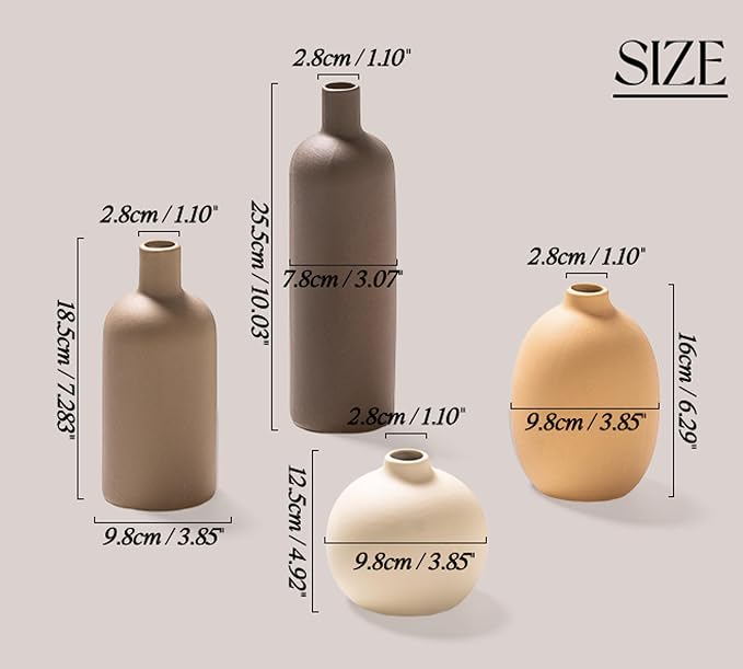 Ceramic Flowers Vase Set of 4, Elegant Multicolor Home Decorative Small Vases for Table, Centerpieces, Shelf (DBrown/Brown/Orange/White)