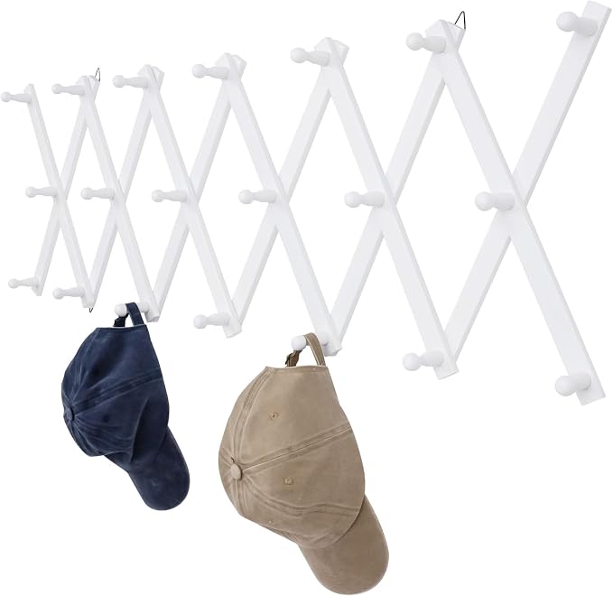 SCUNDA Wall Rack with 20 Hooks, Wooden Wall Expandable Coat Rack for Coat, Hats, Baseball Caps, Coffee Mug, Jewelry(White)