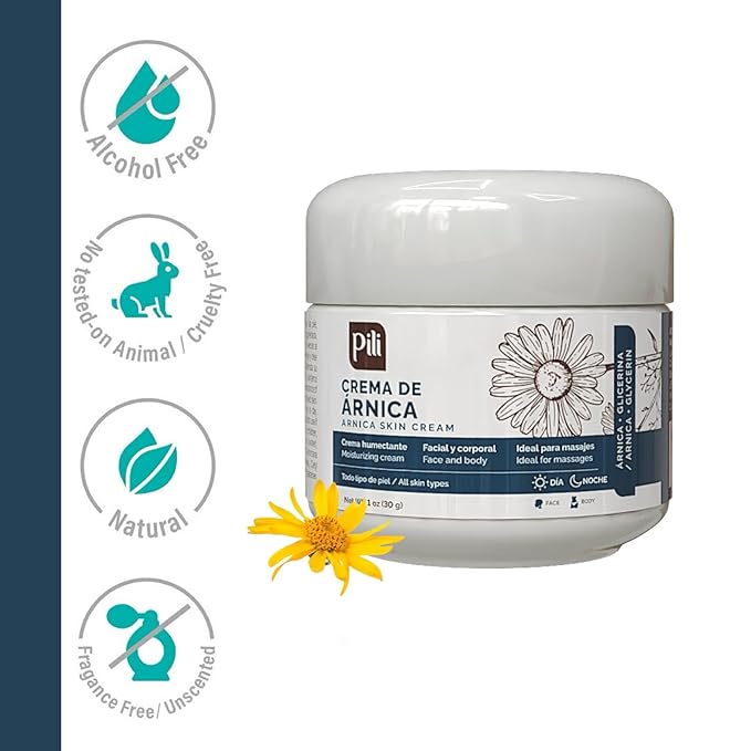 Pili Arnica Cream Hydrating Moisturizer for Face & Body. Soothes Bruised, Dry & Irritated Skin. Fast-Absorbing, Non-Greasy, Unscented. 1 oz