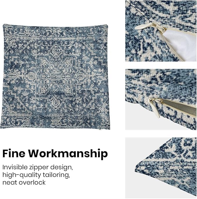 AEIOAE Boho Pillow Covers 20x20 Inch Set of 2,Carpet Pattern Throw Pillows Case,Navy Blue Ethnic Design Outdoor Decorative Square Linen Farmhouse Decor Cushion Covers for Home Sofa Bed Couch