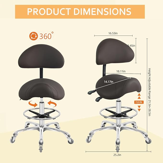 Saddle Stool Chair with Back Support Footrest, Heavy-Duty(350LBS), Hydraulic Rolling Swivel Adjustable Stool Chair for Salon Spa Beauty Massage Dental Clinic Home Office Use(Coffee)