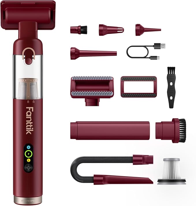 Fanttik Slim V10 APEX Cordless Car Vacuum, 4-in-1 Portable Mini Handheld Vac, Upgraded Smart Digital Display, 19kPa Suction Power, 2 Suction Modes for Small Jobs, Car, Office Desk, Keyboards (Red)