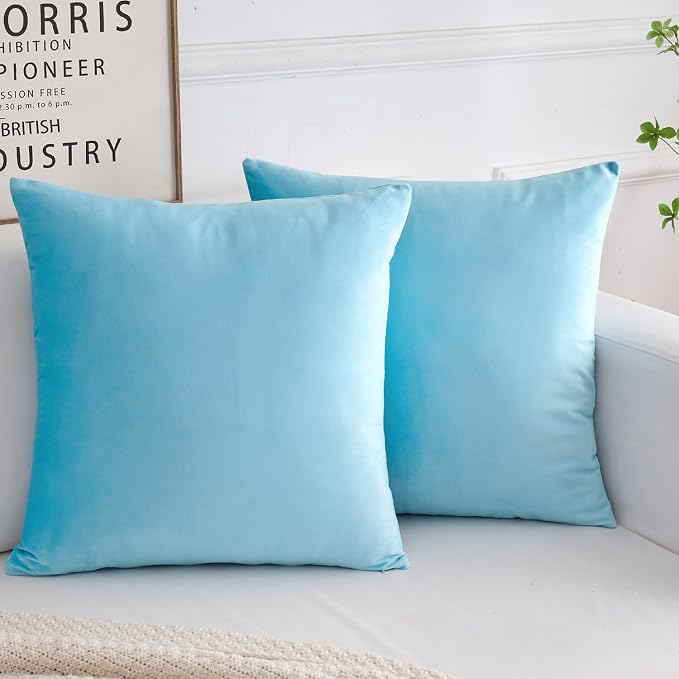 Velvet Decorative Throw Pillow Covers, Soft Square Cushion Case Home Decor for Living Room Couch Bed Sofa, Set of 2 Pack, Light Blue, 16x16 Inch