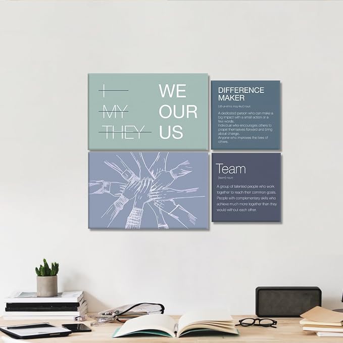 YEOION Motivational Office Wall Art,Inspirational Teamwork Wall Art for Office,Light Blue and Green Positive Teamwork Wall Decor for Workplace Set of 6