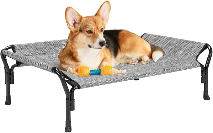 Veehoo Cooling Elevated Dog Bed, Raised Dog Cot with Guardrail & Headrest | Washable Dog Couch Bed for Indoor & Outdoor, Durable Breathable Teslin Mesh, Non-Slip Feet, Medium, 39.5" x 28", Black Silver