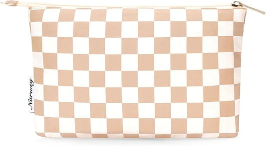 Narwey Small Checkered Makeup Bag for Purse Small Cosmetic Bag Women Travel Makeup Pouch Zipper Pouch (Light Checkerboard)