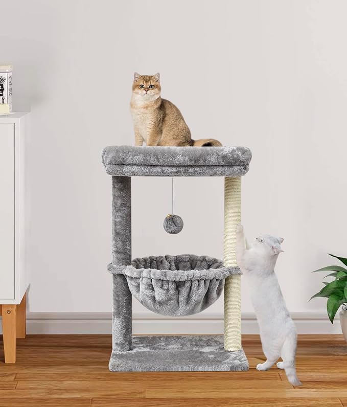 SYANDLVY Small Cat Tree for Indoor Cats, Activity Cat Tower with Scratching Post for Kittens, Cat Bed & Furniture with Basket & Hanging Ball for Play Rest | Scratching Post, Cat Bed & Furniture with Basket & Hanging Ball for Play Rest, Grey