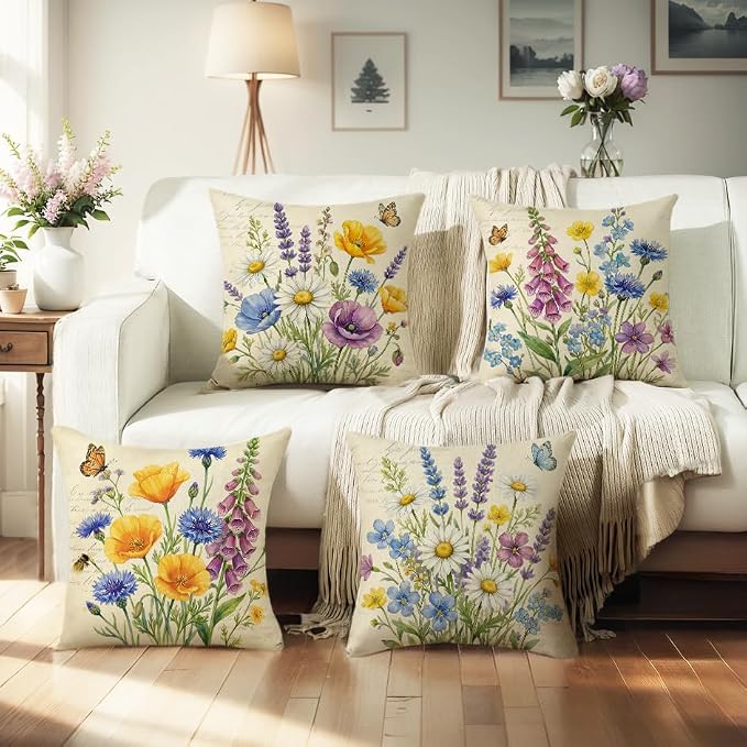 wyooxoo Throw Pillow Covers 18x18 Set of 4 Spring Pillow Covers Linen Flower Farmhouse Cushion Case for Sofa Couch Living Room Outdoor Home Decor
