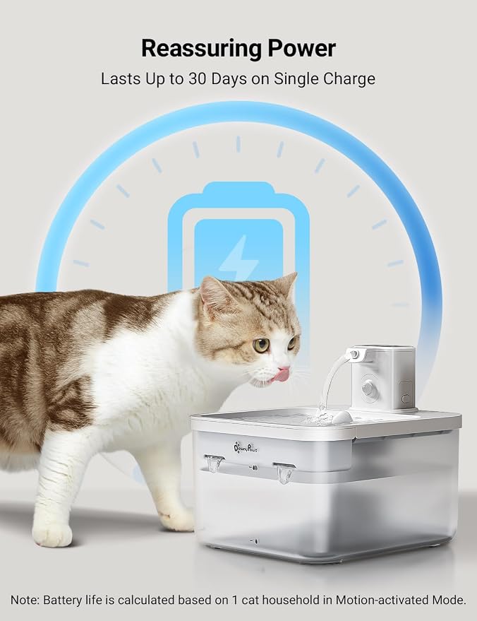 DownyPaws Cat Water Fountain Cordless, Pet Fountain, 84oz/2.5L, White | Wireless Cat Drinking Water Fountains for Cats Indoor, Fursink , Battery Operated, Motion Sensor, Ultra Quiet Pump, BPA-Free