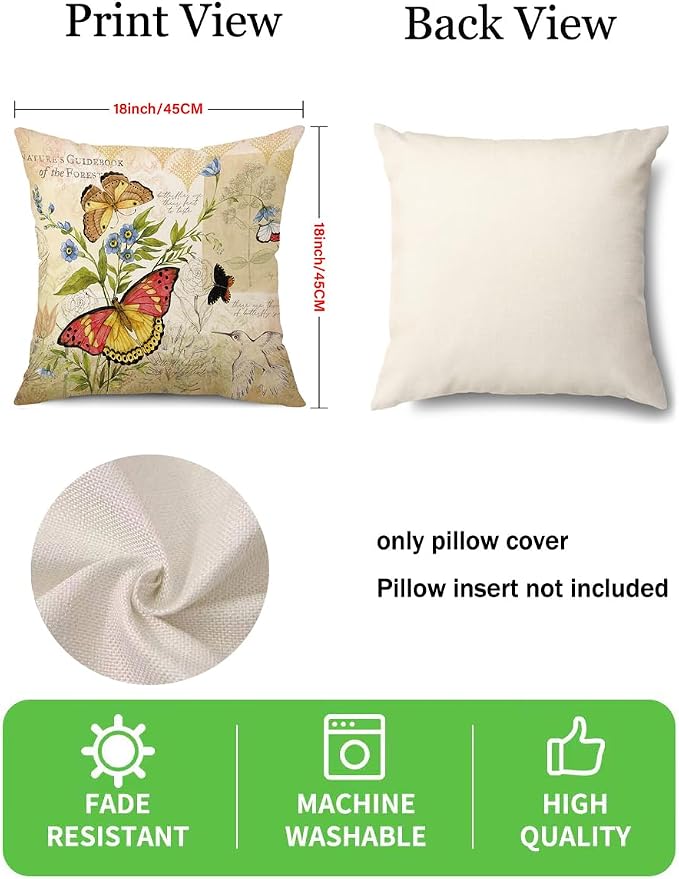 wyooxoo Farmhouse Pillow Covers 18x18 Set of 4 Spring Summer Throw Pillow Covers Linen Flower Butterfly Bird Decorative Pillowcases for Sofa Couch Living Room Outdoor