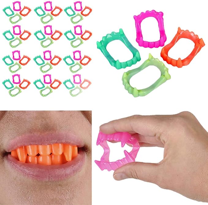 The Dreidel Company 48 Halloween Neon Fangs Teeth, Costume, Funny Dress-Up, Pretend Play Decoration (48-Pack)