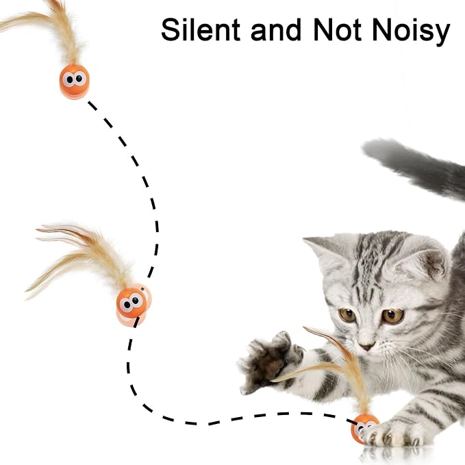 Bouncy Cat Toys with Feathers 3-Pack, Interactive Rubber Ball with Goofy Eyes and Natural Tail for Indoor Cats & Kittens, High Elastic Bouncing Toy for Chase Hunt Play