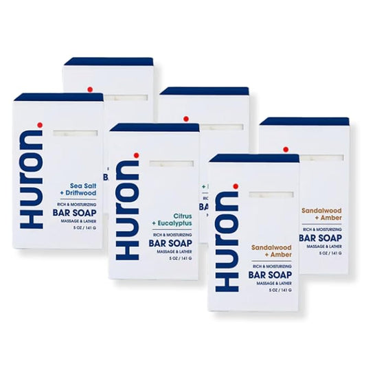 Huron Bar Soap for Men and Women Variety - Hydrating Cleansing Bars, Moisturizing Shower Soap, Phthalate-Free, Non-Toxic Ingredients for Daily Body Care, 5oz (Pack of 6)