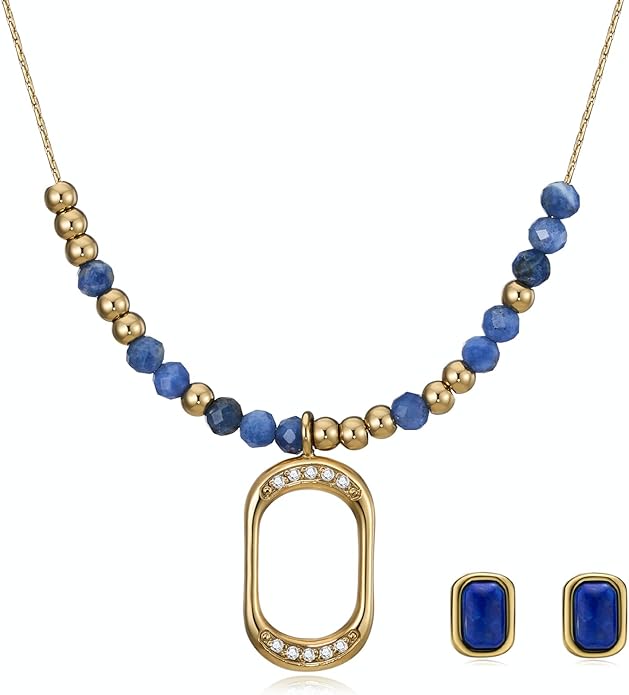 14K Gold Plated Natural Lapis Lazuli Necklace & Earrings Set, Waterproof PVD Stainless Steel Healing Crystal Gemstone Dainty Beaded Chain, Non Tarnish Spiritual Jewelry Gift for Women