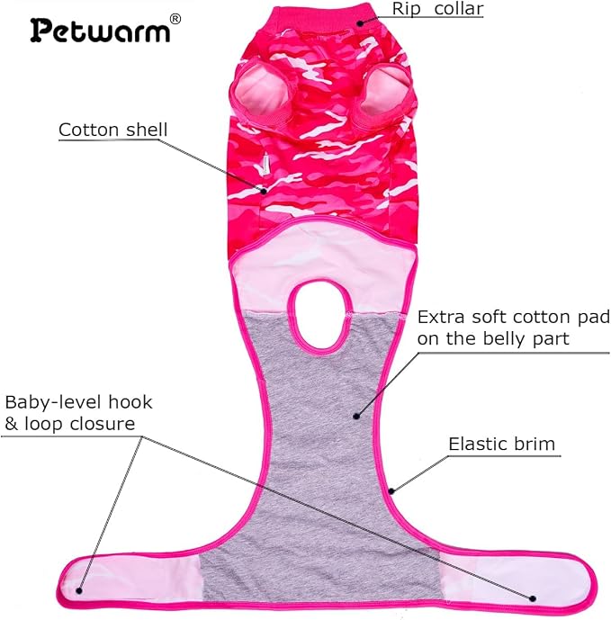 PetWarm Dog Surgery Recovery Suit, Pet Surgical Recovery Onesies Suit Surgery Suit for Dogs Professional Dog Abdominal Wounds Bandages, Camouflage Pattern, Pink, S