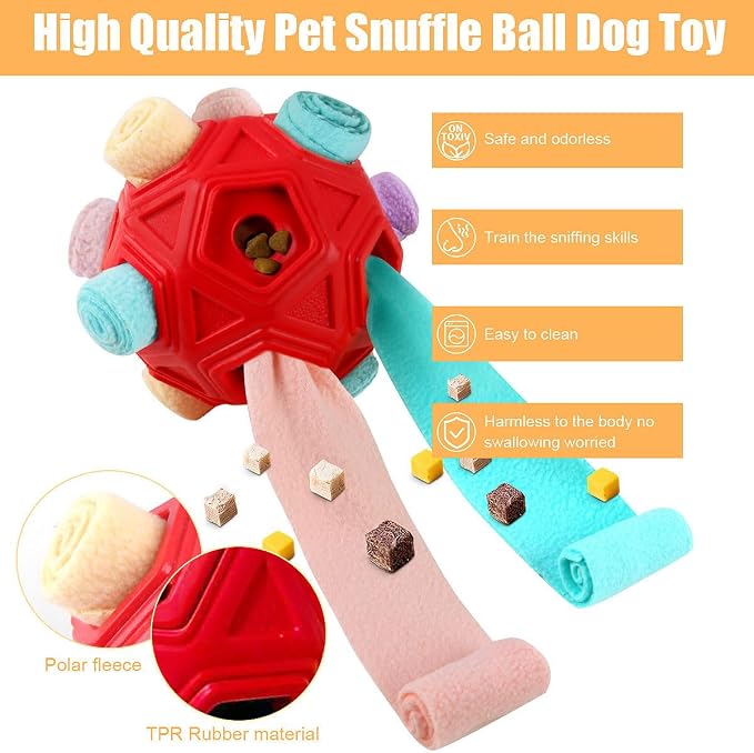 Dog Snuffle Ball-Interactive Puzzle Dog Toys Encourage Natural Foraging Skills Slow Feeder for Training and Stress Relief, Cloth Strip Hiding Food Dog Toys for Any Size Dogs (Red Macaron)