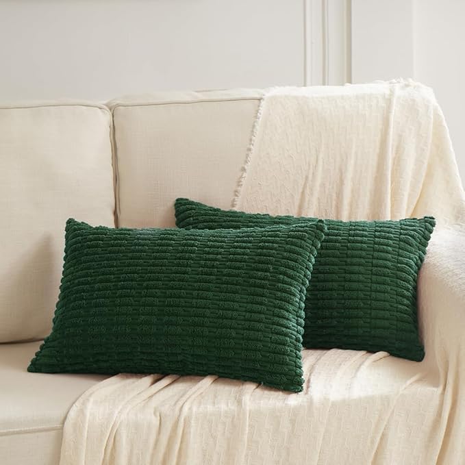 Fancy Homi Decorative Throw Pillow Covers for Bed Couch Bedroom Bench, Soft Corduroy Solid Pillow Case, Rustic Farmhouse Boho Room Decor,24" x 12" (Pack of 1),Dark Green