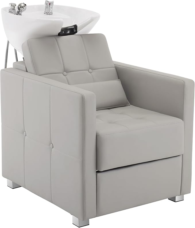 BarberPub Backwash Shampoo Station Chair, Adjustable Porcelain Ceramic Hair Wash Bowl, Vacuum Breaker, Professional Shampoo Chair and Bowl Unit for Salon and Spa 9309 (Gray)