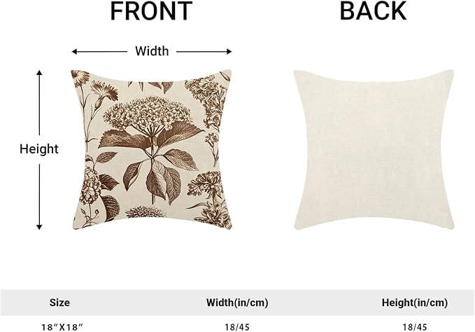 Floral Pillow Covers 18x18 Set of 2 Vintage Brown Hydrangea Herbs Botanical Throw Pillow Cover Outdoor Decoration Boho Flower Pillowcase Farmhouse Decorative Cushion Case for Home Sofa Couch